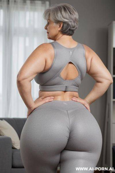 Back view, 0 year old chubby grandma, short gray hair, very visible signs of age, fully body, standing, triangle hip, thick-thighs, hands on waist, wearing gray leggings and a bra - ai-porn.ai on pornintellect.com