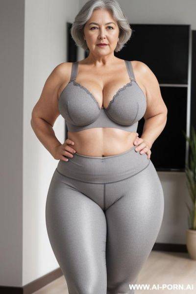 0 year old chubby grandma, short gray hair, very visible signs of age, fully body, standing, triangle hip, thick-thighs, hands on waist, wearing gray leggings and a bra - ai-porn.ai on pornintellect.com
