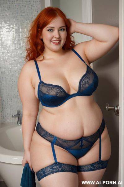 Full body photo shot, about at bathroom, very fat bbw curvy with a few love handless and big tummy, wearing a sexy and hot blue web stocking lingeries - ai-porn.ai on pornintellect.com