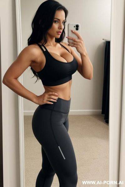 Busty woman in sports bra and leggins in the mirror - ai-porn.ai on pornintellect.com