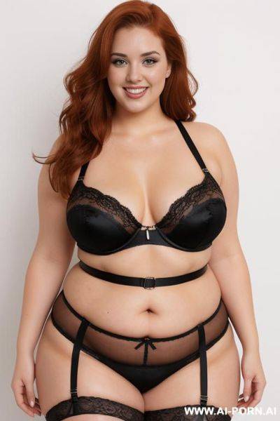 Full body photo shot, about at photoshot studio, very fat bbw curvy with love handless and tummy, very thick body, wearing a sexy and hot micro garter belt lingerie, she pose likes a model. - ai-porn.ai on pornintellect.com