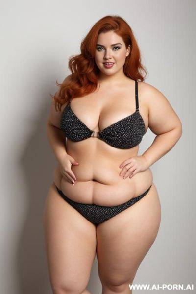 Full body photo shot, about at photoshot studio, very fat bbw curvy with love handless and tummy, very thick body, wearing a sexy and hot micro print ruffle bikini, she looks so sexy. - ai-porn.ai on pornintellect.com