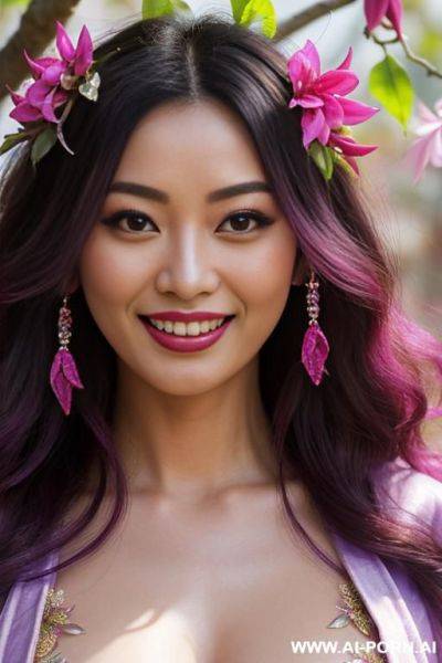 Close!, immersive expression, lovingly asian woman, long loose wavy purple hair, closeup in decent lingerie, she is naturally tanned, pastel hue, abstract background, oiled pleasure, lying, real-life sei-ra sodes-hiro! - ai-porn.ai on pornintellect.com