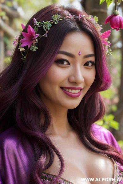 Close!, immersive expression, lovingly awesome asian woman, long loose wavy purple hair, closeup in decent lingerie, she is naturally tanned, pastel hue, abstract background, oiled pleasure, lying, real-life sei-ra sodes-hiro! - ai-porn.ai on pornintellect.com