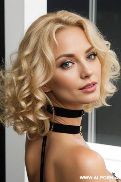 Ceo, busty, blonde, 3, naked, from behind, head looking into me, curly hair, black choker - ai-porn.ai on pornintellect.com
