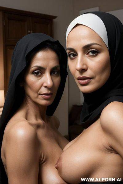 Seductive 20 naked woman with her (scared) naked mother, hijabs, looking at camera - ai-porn.ai on pornintellect.com