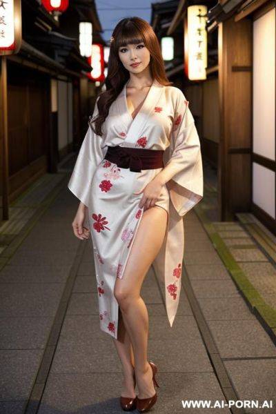 Very beautiful, very sexy japanese, long thick wavy auburn hair, dark eye liner, completely nude, totally naked, show bare boobs, show shaved pussy, frame image from head to knee, opened robe, deep v, wide cleavage - ai-porn.ai - Japan on pornintellect.com