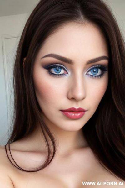 Soft delicate features, full lips, big blue eyes, dark brown hair, beautiful soft make up, tear drop breasts, beautiful sister, natural big breasts, - ai-porn.ai on pornintellect.com