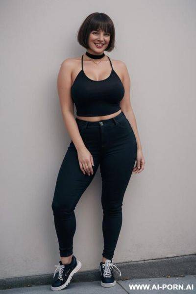 Full view of nude curvy woman with hairy crotch standing naked in sneakers and choker, smiling. sneakers in frame. - ai-porn.ai on pornintellect.com