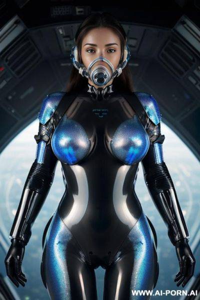 (close up) ((gorgeous woman) in (completely open topless) (partially transparent armored (black and blue) flight suit) (wearing oxygen mask)) (spacecraft launch bay) (holographic visor) - ai-porn.ai on pornintellect.com