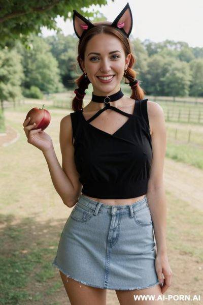 (((eye contact))) ((black choker)) ((sleeveless black t-shirt)) (((flashing breasts))) ((hoop earrings)) (((standing up, on a farm))) (((cat ears costume))) - ai-porn.ai on pornintellect.com