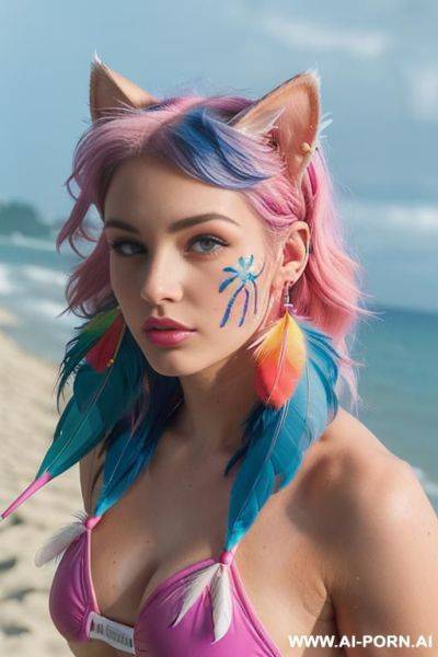 Face, sexy, beautiful, ((face painting)), ((bikini as seashell)), ((tattoo roses)), ((eyes shw)), ((angel wings)), ((rainbow hair)), ((long bu hair)), ((wind)), (( cat face)), (( cat ears)), (((feather - ai-porn.ai on pornintellect.com