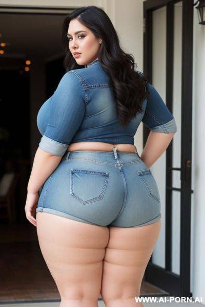 Extra thicc, bbw, fat woman, tight booty denim shorts, full body shot - ai-porn.ai on pornintellect.com