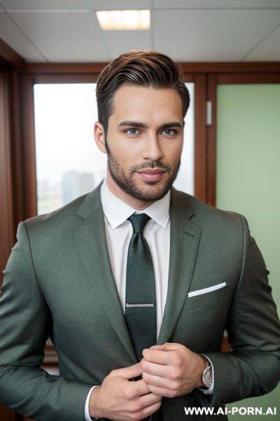 Handsome model man, athletic handsome man, thick brown hair, big green eyes, one man, short beard, standing in business office, wearing business suit, ((keep face)), ((keep model)), ((keep body)), - ai-porn.ai on pornintellect.com