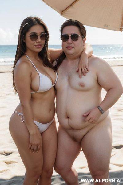 ((white bikini)), (((smirking))), (((hands in hair))), sunglasses, (((fat face))), (((round cheeks))), a ((chubby)) shorty filipina milf is posing with multiple tall handsome fit american man. she has - ai-porn.ai - Usa on pornintellect.com