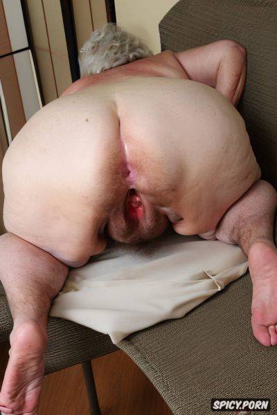 Shot from below, old fat naked granny sitting on chair, with back to camera - spicy.porn on pornintellect.com
