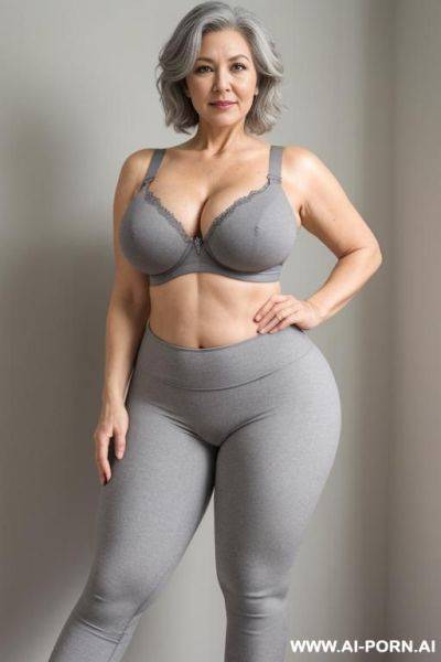 0-year-old grandmother, full body, standing, lady, short gray hair, very visible age marks, triangular hips, thick thighs, wearing gray leggings and bra - ai-porn.ai on pornintellect.com