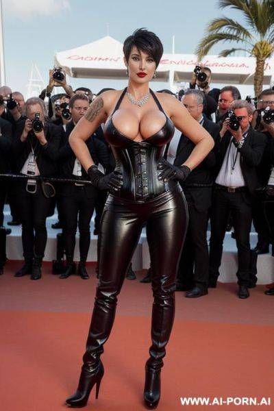 Milf in black leather pants, knee high stiletto boots, corset, gloves and white shirt, red lipstick, leather necklace, deep cleavage, looking at camera, no tattoo, - ai-porn.ai on pornintellect.com