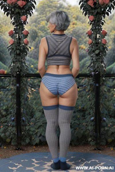 (((back view))), (((0 year old grandmother))), (((short gray hair))), (((very visible age marks))), (((triangular hips))), (((thick thighs))), (((blue shirt with black vertical stripes))), (((blue - ai-porn.ai on pornintellect.com