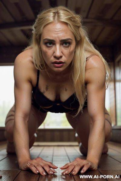 Naked, dark makeup, ( skin), tra, (tired), sad, tits, white skin, mascara running, tears, upset, angry,, (crawling on the floor), scars, bruises, ((dirty skin)), unwashed, (dirty), (rough), (dirt) - ai-porn.ai on pornintellect.com