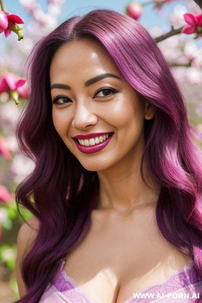 Close!, immersive expression, lovingly kawaii, long loose wavy purple hair, closeup in decent lingerie, she is naturally tanned, pastel hue, abstract background, oiled pleasure, lying, real-life sei-ra sodes-hiro! - ai-porn.ai on pornintellect.com