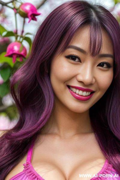 Close!, immersive expression, lovingly kawaii asian, long loose wavy purple hair, closeup in decent lingerie, she is naturally tanned, pastel hue, abstract background, oiled pleasure, lying, real-life sei-ra sodes-hiro! - ai-porn.ai on pornintellect.com