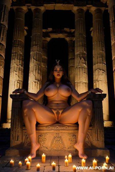 ((goddess on throne)) ((perfect body)) ((legs spread)) ((large athletic build)) ((in athen clothes)) ((bare very huge heavy four tits)) ((in the dark temple of athen with candles)) ((wide big ass)) ((dominant pose)) ((camera looks from below)) - ai-porn.ai on pornintellect.com
