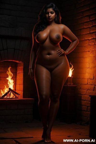 Tall south indian woman, broad shoulders, curvy hip, long legs, full body shot, naked, in a dark dungeon lit by fire lamps - ai-porn.ai - India on pornintellect.com