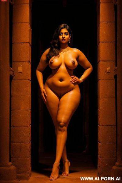 Tall south indian woman, broad shoulders, curvy hip, long legs, full body shot, naked, in a dungeon brightly lit - ai-porn.ai - India on pornintellect.com