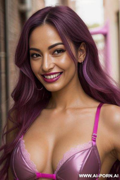 Close!, immersive expression, lovingly nerdy woman, long loose wavy purple hair, closeup in decent lingerie, she is naturally tanned, pastel hue, abstract background, oiled pleasure, lying, real-life sei-ra sodes-hiro! - ai-porn.ai on pornintellect.com