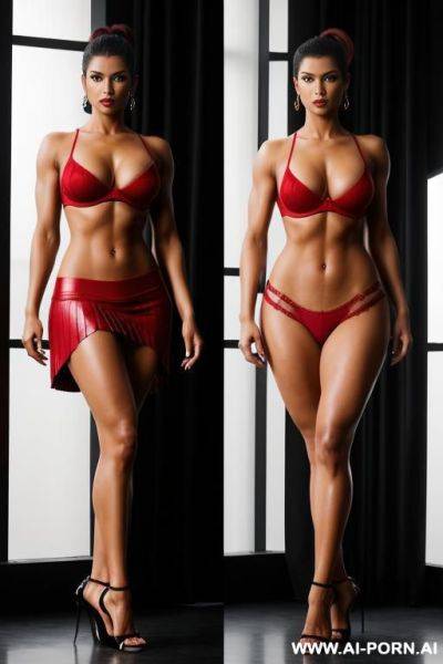 Indian, short hair, fit, abs, muscular arms, big ass, tall, long legs, navel piercing, red bra, red pleat skirt, looking at camera, full body, stiletto, open mouth, eyes closed, 2 women - ai-porn.ai - India on pornintellect.com