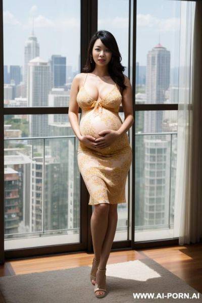 Asian woman, ((detailed face)), pregnant, wearing a sundress, in a penthouse - ai-porn.ai on pornintellect.com