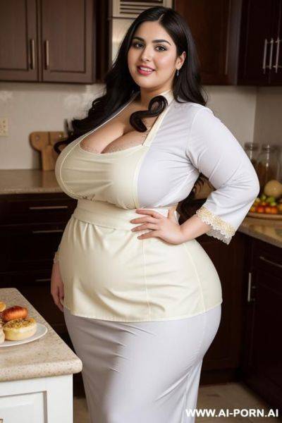 Super obese ssbbw, very fat, pretty face chubby clothed big ass wide hips full body view oiled, very plump, happy, huge thighs, tight apron, very pretty, huge belly, gigantic ass, fat arms - ai-porn.ai on pornintellect.com