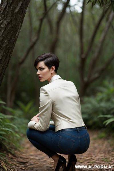 French woman short hair pixiecut jacket, shirt squatting in underbrush - ai-porn.ai - France on pornintellect.com