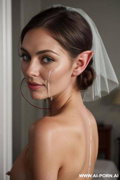 Elven woman, elf, perfect face, detailed face, high cheeks bones, thick fit, green eyes, cumshot, facial, wedding veil, toned body, pointy ears, elven ears, arched back - ai-porn.ai on pornintellect.com