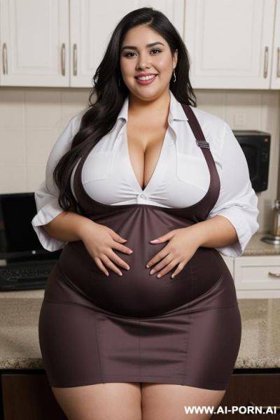 Fat, bbw, plump hourglass figure, guitar shape body, massive wide hips, gorgeous latina sitting in lab, drinking potion, wearing lab coat, beautiful face, wearing apron, domesticated - ai-porn.ai on pornintellect.com