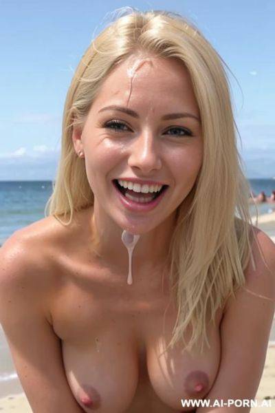 On a public nude beach with all nude people having cum on their faces. some people are fucking in the background. one blonde woman is happy and smiling with cum on her face in the forefround. she has a huge facial cumshot. - ai-porn.ai on pornintellect.com