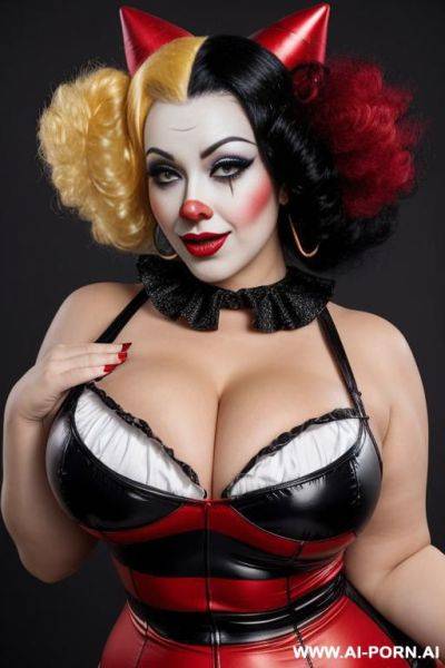 Beautiful clown woman, pretty clown make up, curvy body, huge breasts, half blond and half black hair, red and black tight clown costume, - ai-porn.ai on pornintellect.com
