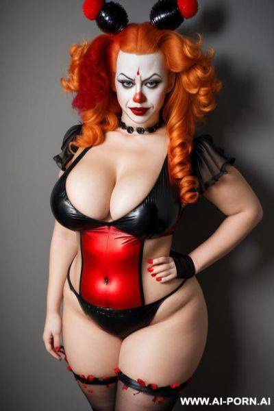 Beautiful clown woman, pretty clown make up, curvy body, huge breasts, long blond and red hair, red and black tight clown costume, full body shot, - ai-porn.ai on pornintellect.com