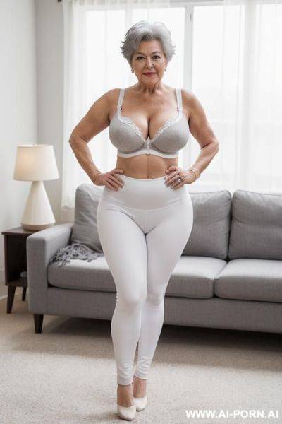 0-year-old grandmother, full body, standing, lady, short gray hair, very visible age marks, triangular hips, thick thighs, wearing white leggings and bra, living room - ai-porn.ai on pornintellect.com