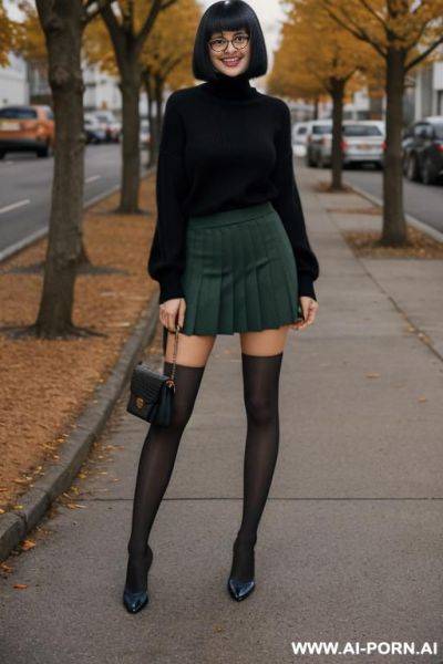 Bright orange turtleneck sweater, knee-length pleated green skirt, orange socks, black shoes, black frame glasses - ai-porn.ai on pornintellect.com