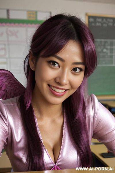Close!, immersive expression, lovingly boastful japanese hooker, loose wavy purple hair, closeup in decent christmas clothes, she is naturally tanned, pleasure, lying on desk, real-life sei-ra sodes-hiro! - ai-porn.ai - Japan - county Hooker on pornintellect.com