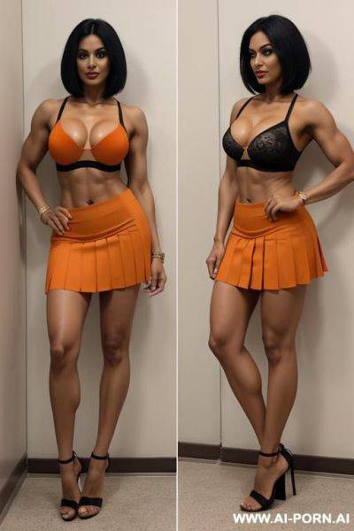 Indian, short hair, fit, abs, muscular arms, big ass, tall, long legs, navel piercing, orange bra, orange pleat skirt, looking at camera, full body, stiletto - ai-porn.ai - India on pornintellect.com