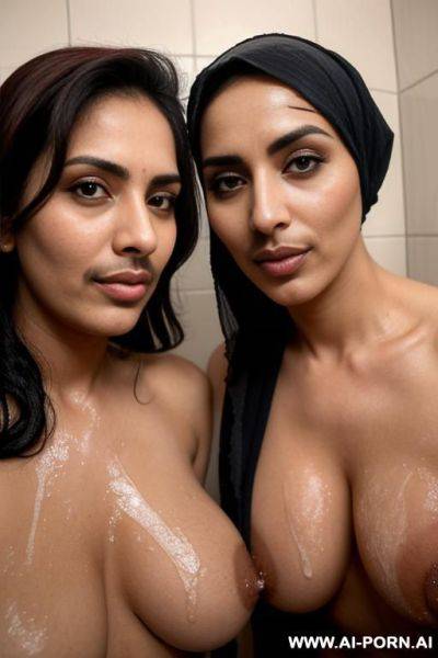 Two lesbian milfs with a mustache wearing only a hijab with hairy pussy and hairy armpits taking a shower together - ai-porn.ai on pornintellect.com