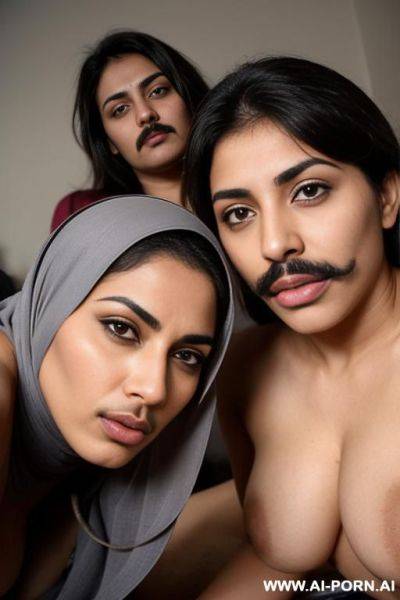 Two lesbian milfs with a mustache wearing only a hijab with hairy pussy and hairy chest - ai-porn.ai on pornintellect.com