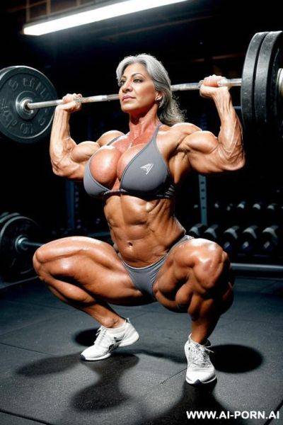 Mature indian gilf with grey hair. huge muscles and massive breasts. squatting, showing huge clitoris, no panties, drenched in sweat - ai-porn.ai - India on pornintellect.com