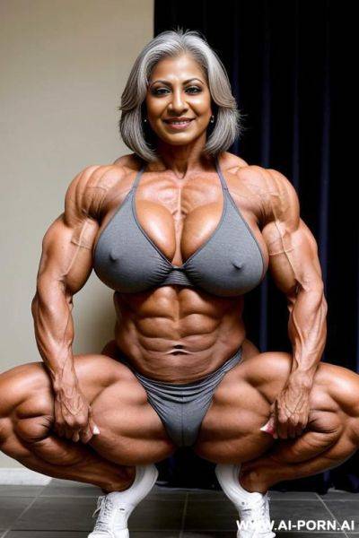 Mature indian gilf with grey hair. huge muscles and massive breasts. squatting, showing huge clitoris, no panties - ai-porn.ai - India on pornintellect.com