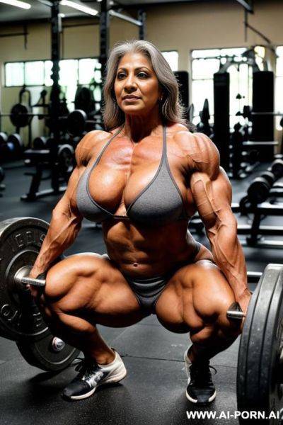 Mature indian gilf with grey hair. huge muscles and massive breasts. squatting, showing huge clitoris, no panties, soaked in sweat - ai-porn.ai - India on pornintellect.com
