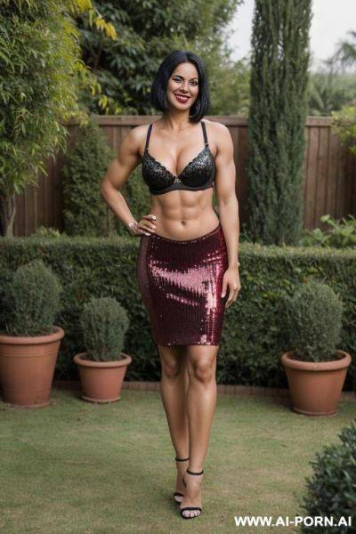 Indian, short hair, fit, abs, muscular arms, big ass, tall, long legs, navel piercing, red bra, red sequin skirt, looking at camera, full body, stiletto, in garden - ai-porn.ai - India on pornintellect.com