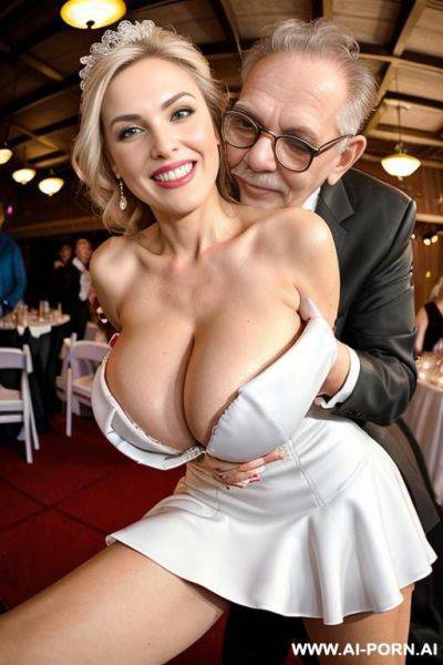 ((((view fish eye lens view)))) ((((medium shot)))) ((((hugging oldman behind )))) at de wedding celebration ((((bend over dancing)))) pretty face italian wife on stage bathes in beer a lot of - ai-porn.ai - Italy on pornintellect.com